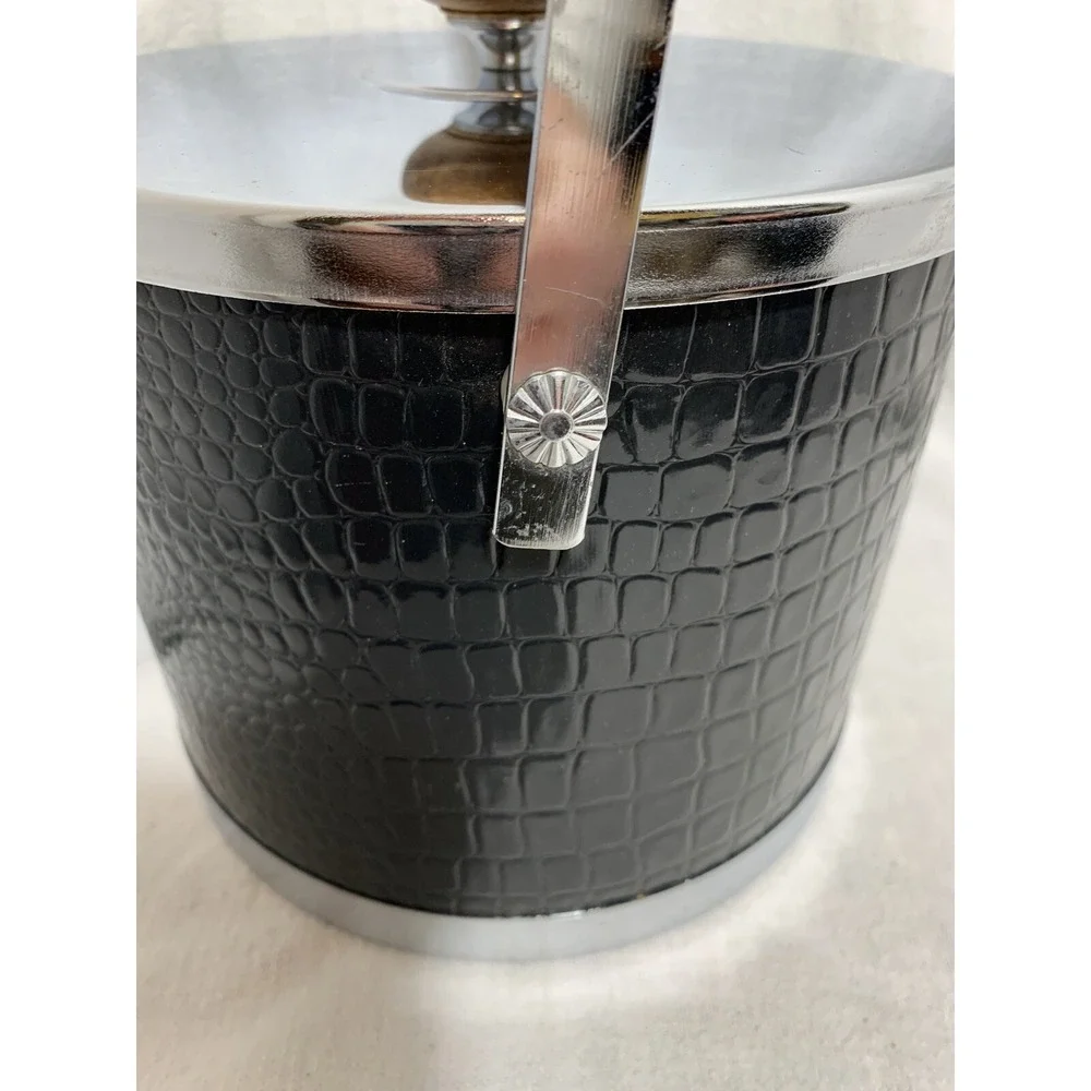 Atapco Ice Bucket Alligator Faux Black Leather Chrome Lid Wooden handle Vintage